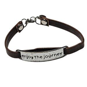 Enjoy the Journey Engraved Plate Bracelet Silver Tone Brown Leather Heart Charm